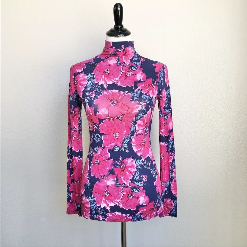 Aritzia Babaton Floral Turtleneck Top Size XS Pink Blue Women's